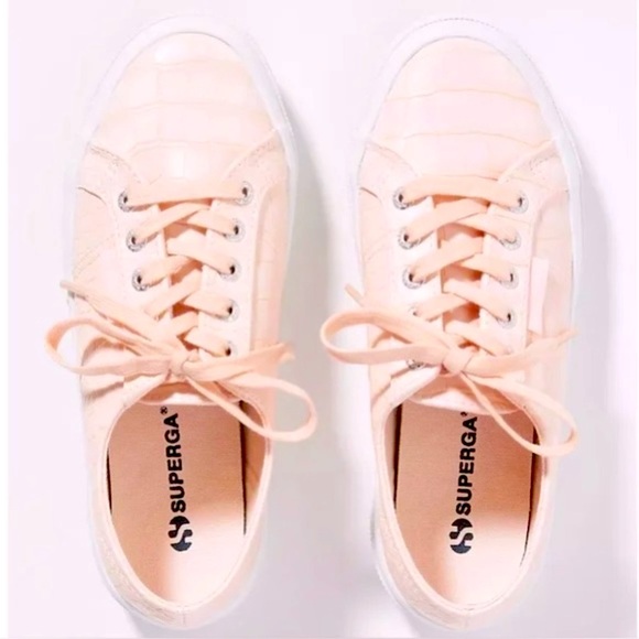 Superga Light Pink Crocodile Embossed Lace Up Platform Sneakers Size 7 / EU 37.5 - Picture 1 of 10